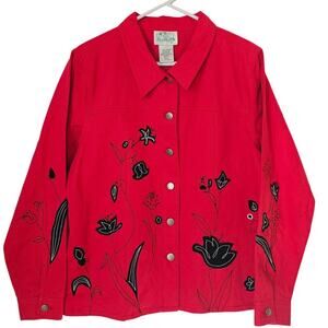 Womens Vintage 90s‎  Red Denim Jacket Large Quacker Factory Embroidery Floral